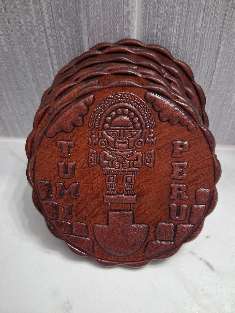 Vintage Hand-tooled Leather Coasters From Peru Artisan Handmade Set Of Six - Picture 8 of 10
